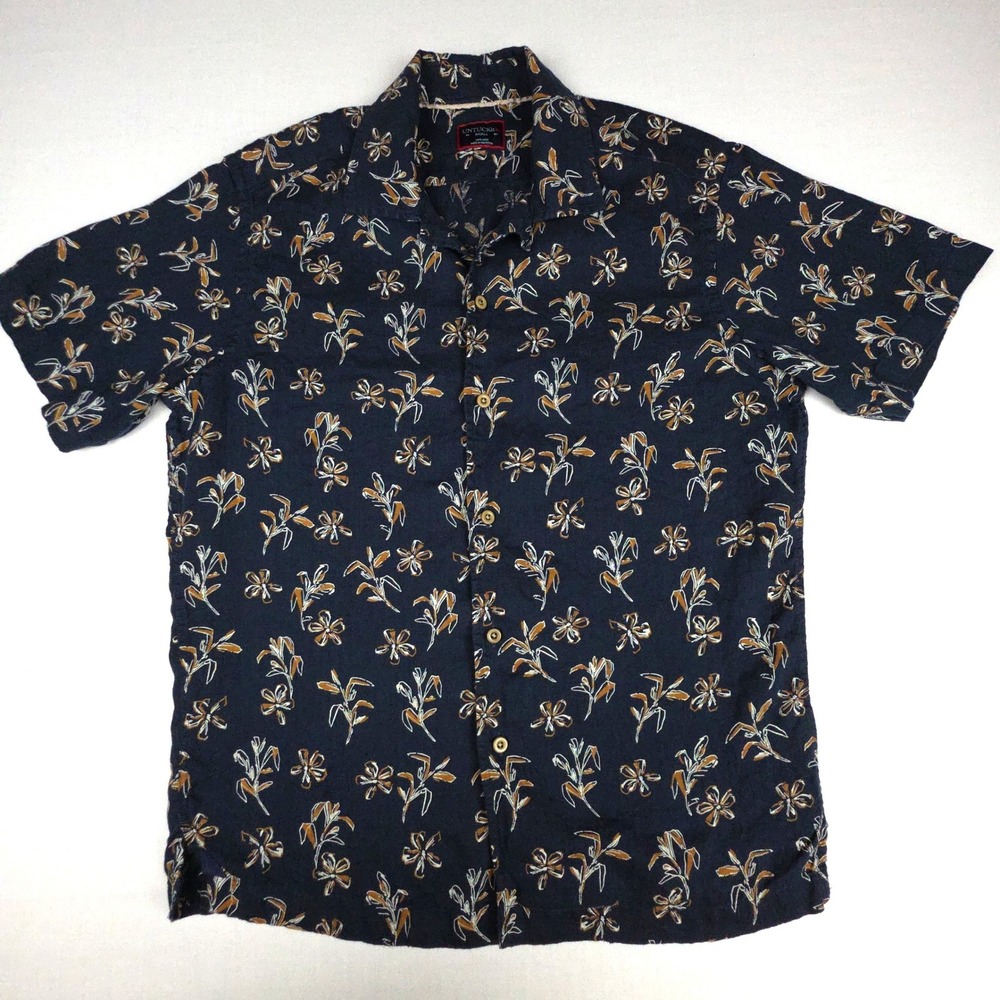 UNTUCKit Ortega Regular Fit Shirt Mens Small Navy Floral 100% Linen